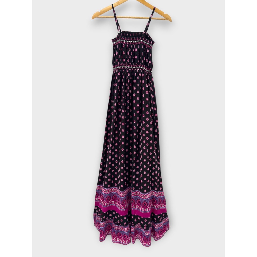 World Market Boho Maxi Dress Black Pink Paisley Border Print Cotton S/M Smocked - Picture 2 of 14